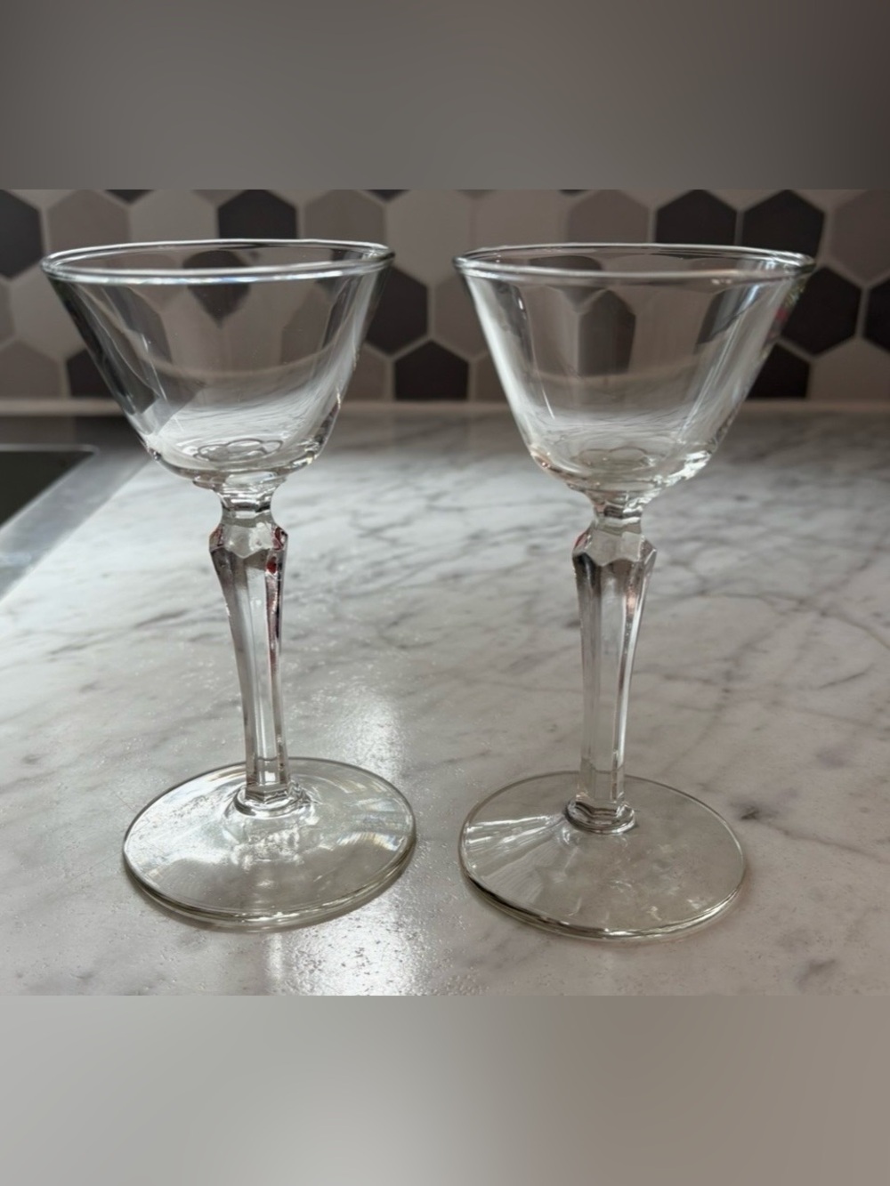 Vintage Liqueur Cocktail Glasses Set of 2 Clear Glass Faceted Stem Barware